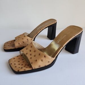 Vintage Via Spiga Italian Ostrich Leather Square Toe Heeled Slide Sandals